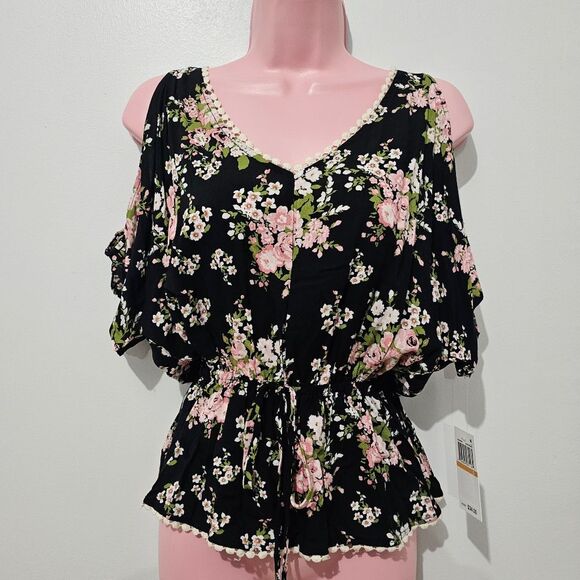 NWT - Miss Chievous - Blouse Floral Cold Shoulder Tied Waist - Size S - Black - Picture 1 of 7